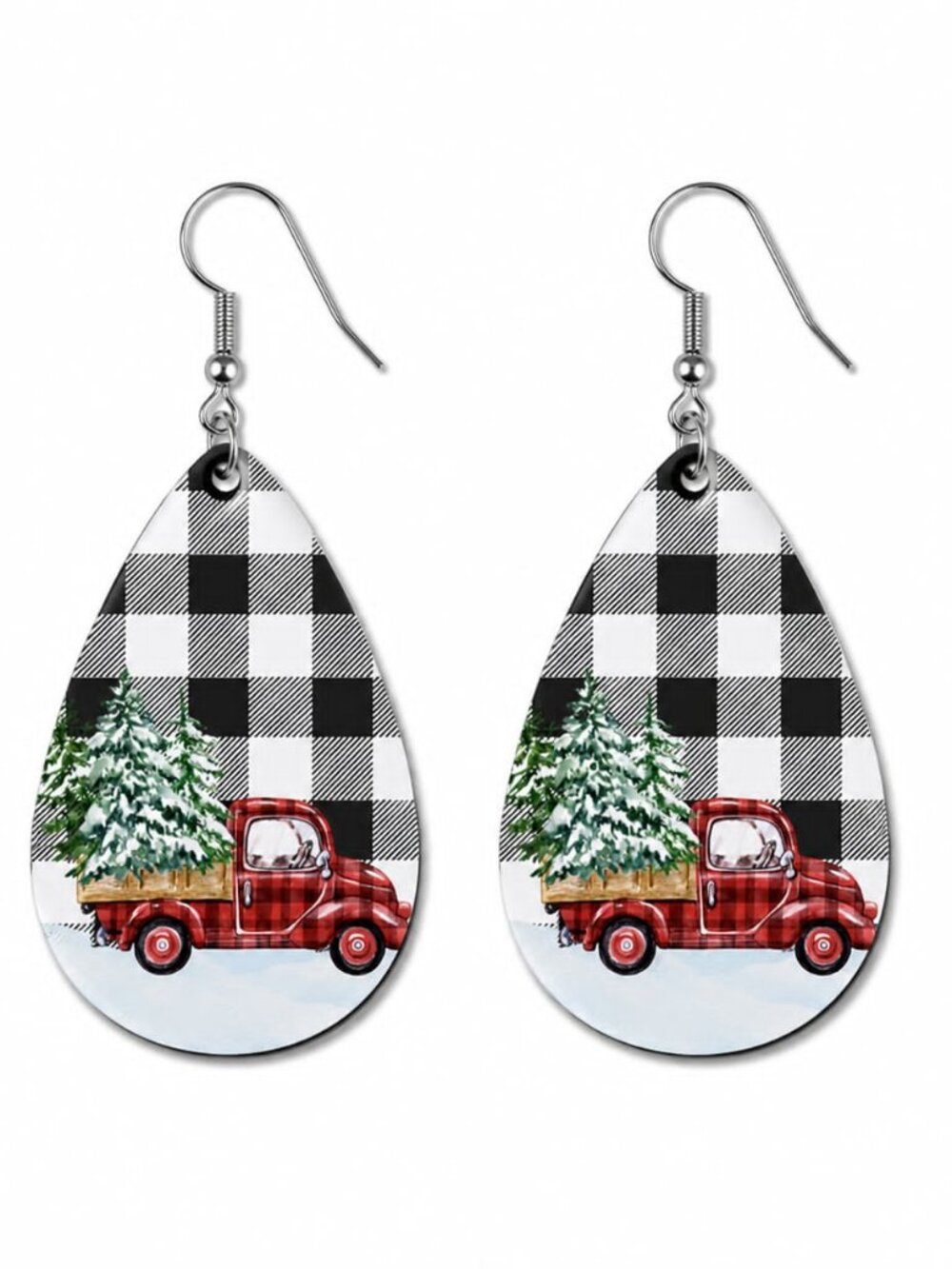 Earrings- Christmas Black and White Plaid with Red Truck and Tree